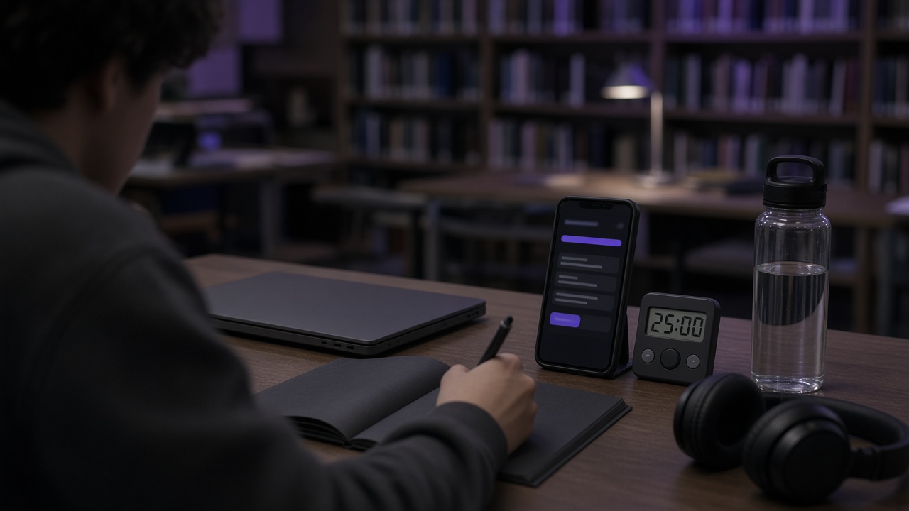 Person am Schreibtisch mit Handy-Quiz und Timer
