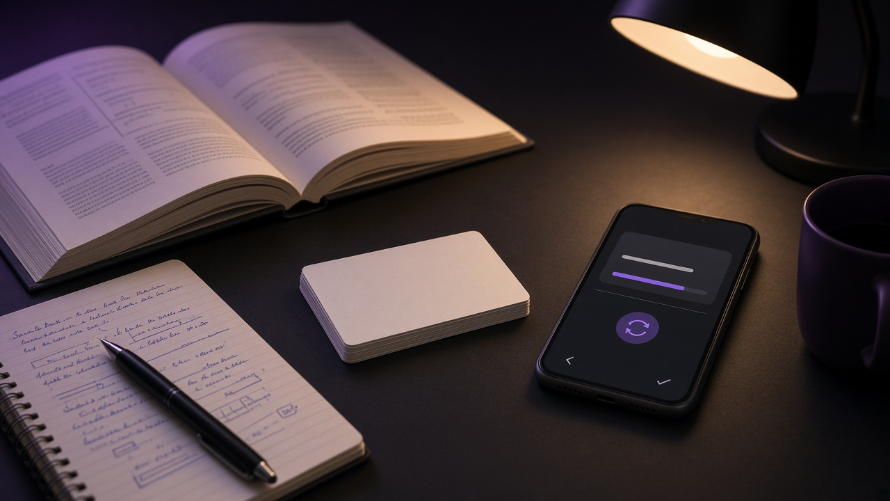 Study desk with notes, flashcards, and a phone
