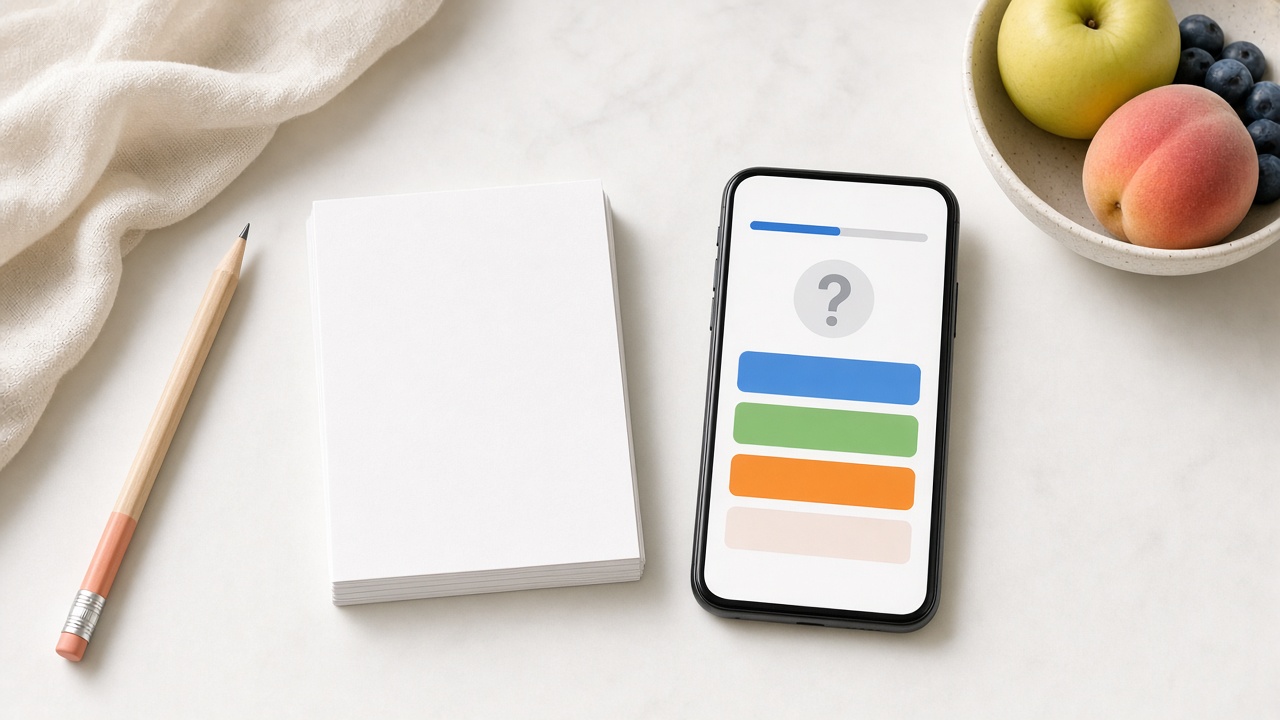 Karteikarten neben einem Handy-Quiz auf einem hellen Schreibtisch