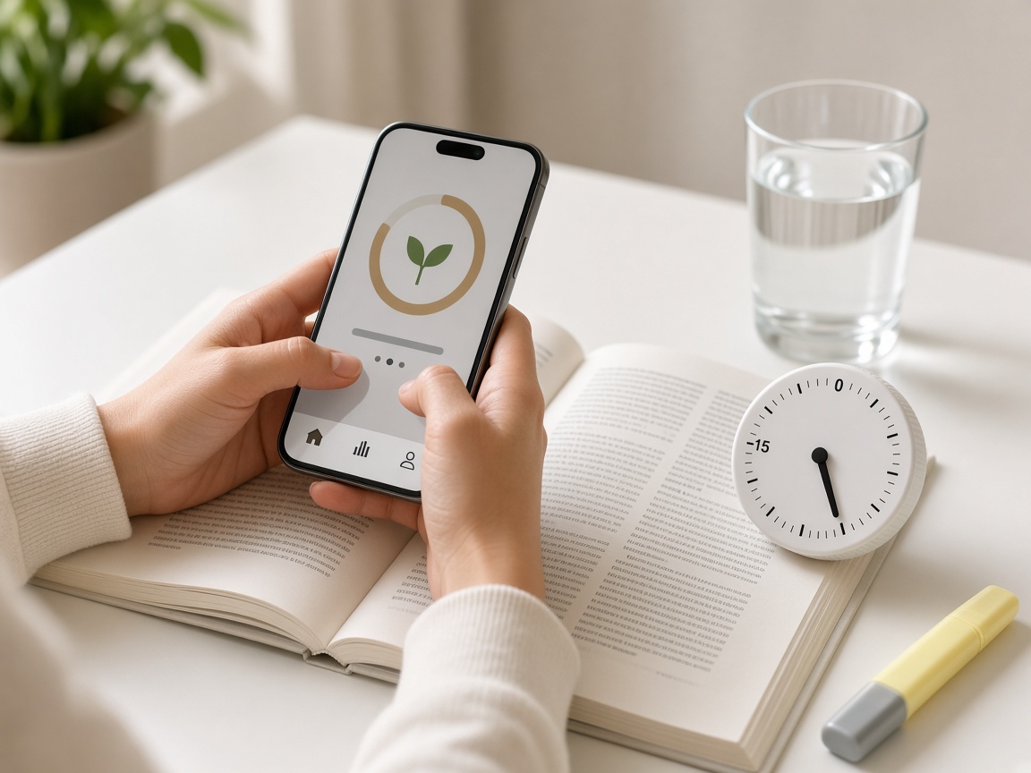 Hands holding a phone with a study app beside a timer and open textbook